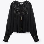 ZARA  Tasseled Sequined Black Sheer Embellished Babydoll Blouse Photo 0