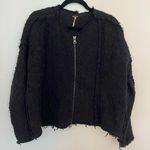 Free People Black Slouchy Frayed Textured Cotton Knit Zip Up Jacket Size Small Photo 0