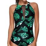 Women's Swimsuit Black High Neck Mesh Plunge Black Green Leaf SZ Med NWT #1705 Photo 0