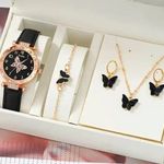 Luxury Watch Ring Necklace Earrings Rhinestone Butterfly Fashion Wristwatch Gold Photo 0