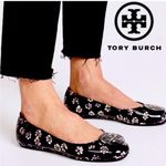 Tory Burch Minnie Travel Logo Ballet Flats Black Pink Stamped Floral Size 6 Photo 1