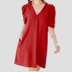 NEW Red V Neck Puff Short Sleeve Flowy Mini Dress with Pockets L Size L Photo 2