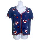 Storybook Knits Patriotic Heart Star Button Front Cardigan Sweater Top Size 1X Blue Photo 1