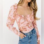 Free People  floral top hillary square neck tie front long sleeve bow boho blush Photo 13