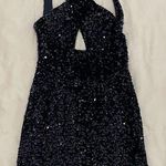 Juniors Navy Blue Sequin Halter Dress Photo 0