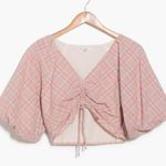 NWOT dRA Maisie Cotton Cropped Front Tie Blouse BLUSH PLAID Medium Puff Sleeves Pink Photo 2