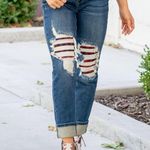 Judy Blue Buffalo Plaid Patch Midrise Cuffed Boyfriend Jeans Dark Wash Size 29 Photo 3