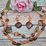 None Artisan Made Peach & Brown Beaded Necklace & Dangle Earrings Set Dyed Abalone Photo 0