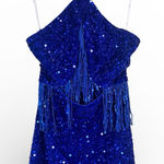 Lulus  Blue Sequin Fringe Mini Dress Womens L Halter Party Baddie Bling Prom Photo 0