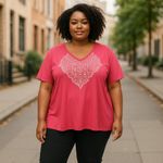 Lane Bryant Womens Top Size 26 28 Salmon Bling Neckline Decoration Short Sleeve Photo 1