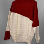 None Ribbed Knit Sweater Crew Neck Durable Fabric Blend Color Block Burgundy/White L Photo 0