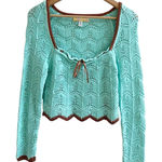 Urban Outfitters  Crochet Knit Cropped Top Size Medium Teal Brown Trim Boho Photo 0