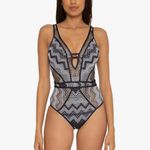 Becca Show & Tell Crochet Plunge Medium One Piece Black and White Swimsuit Photo 3