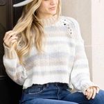 Free People  Devon Cropped Mock Neck Sweater Cream Neutral Stripe Medium Cotton Photo 0