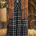 J. Jill Black White Mixed Print Plaid Print Midi Dress Size MED Photo 0