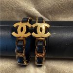 CC Gold and Black Leather Chain Hoop Earrings Photo 3