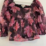 THIRTY THIRTY LA Plum Purple Pink Floral Shiny Square Neck 3/4 Sleeve Blouse S Photo 4