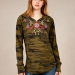 Johnny Was NWOT  Axton Thermal Hoodie Camo Embroidered Floral Sweatshirt Sz S Photo 0