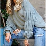 Women’s Boho Chic Wisteria Blue Shirred Long Sleeve Lantern Solid Knit Top Large Size undefined Photo 6