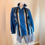 Vintage 1960S Thai Silk Blouse By Fair Lady Bangkok Blue Silver Stripe Medium Photo 1