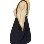 The Sak  Woven Crochet Bag Navy Blue With Braided Leather Handles Photo 0