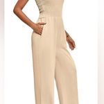 Sleeveless Square Neck Ruffle Sleeve Jumpsuit Wide Leg Pockets (348) Tan Size M Photo 2