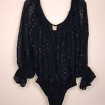 EXPRESS Women’s Black Metallic Swiss Dot Keyhole Cut Out Long Sleeve Bodysuit Photo 0