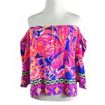 Lilly Pulitzer Sanilla Silk Off The Shoulder Top XXS Pink Fusion Butterfly Neon Photo 6