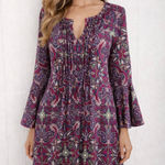Reborn multi color boho print bell sleeve keyhole neck mini dress in Size Small Purple Photo 0