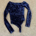 GBTSO Blue Velvet Long Sleeve Wide Neck One Shoulder Thong Bodysuit Photo 0
