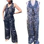 Vintage 60s Brocade Zip Front Vest Jumpsuit Black Silver Floral Costume Size M Photo 1