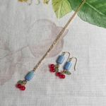 Jewelry Set Cherry Necklace Unique Czech Glass Blue Quilt Cottagecore Casual Fun Photo 1