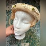Vintage woven face veil floral bridal wedding headpiece hat Tan Photo 1