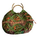 Vintage Handmade quilted patchwork hobo bag rattan handle water resistant lining Green Photo 9