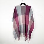 Woolrich Burgundy And Gray Plaid Fringe Hem Trim Blanket Poncho Shawl, OS Photo 1