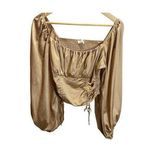 idem Ditto Boutique Gold Smocked Ruffle Blouse size M Bell Sleeve Retro Cropped Photo 0