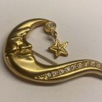 Crescent Moon With Sleeping Hat & Dangling Star Brooch Pin Gold Tone Rhinestone Photo 5