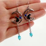 Cat on Moon Earrings Bead Accent, Quirky Cool Hammered Silver Cat Sat on Moon Photo 2