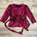 New York And Company Hot Pink Shimmery 3/4 Sleeve Wrap Blouse Size Medium Photo 2