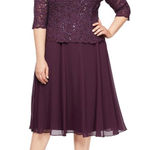 Alex Evenings Women's Plus Size Tea Length Lace Mock Dress Size 14P Plum Photo 0
