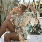 NEW Spell & The Gypsy Sz s Willow Tassel Dress Mini Floral Kimono Sleeve Blue Photo 2