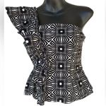 Anthropologie  One Shoulder Ruffle Tank Top Printed Black White Photo 1