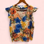 Nine West Cute tropical floral linen blend ruffle sleeve chunky button blouse Photo 0