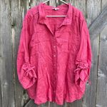 EUC John Mark Linen Ruched Sleeve
Button Front Wired Collar Top Deep Rose 3X Photo 1
