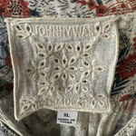 Johnny Was Jade Pearl Rayon Button Down Top Ruched Sleeves Cream Red Blue XL Photo 6