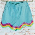 QUEEN OF SPARKLES Blue Shorts with Rainbow Sequin Trim Photo 0