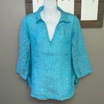 Isaac Mizrahi  New York Turquoise V-Neck Linen Pullover Collared Shirt- Small Photo 0