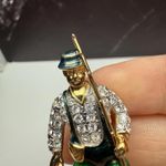 Fisherman Rhinestone Brooch Pin Gold Tone Man Fishing Green Enamel Overalls Photo 11