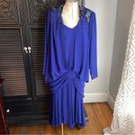 Casadei Vtg 80s Blue Draped DECO Beaded FLAPPER Dynasty Party‎ Gatsby Cocktail Dress 14 Photo 1