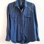 Free People  Top Navy Blue Off Campus Buttondown w/ Metallic Details Sz S EUC Photo 4